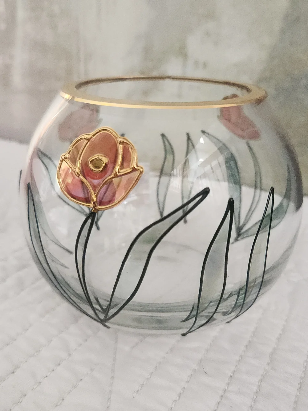 Vintage Romanian Crystal Bowl Vase Hand Painted Floral Gold Rim Mid Century Deco